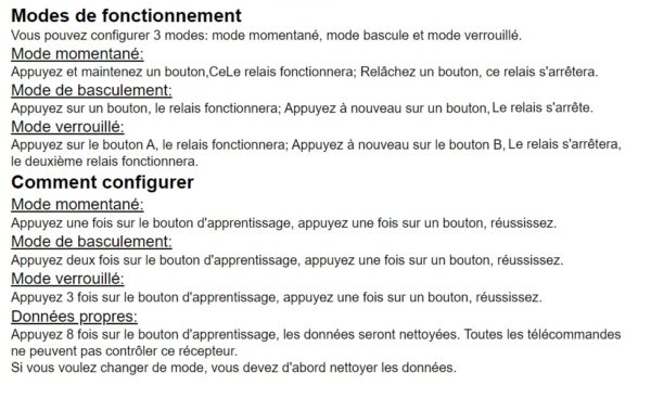 Différents modes du récepteur 220V 2 sorties 10A Basic_Récepteur 220V 2 Canaux 433mhz